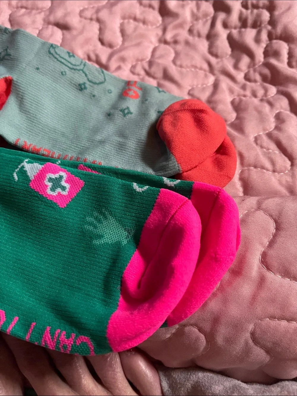 Figs women’s Crew Socks - Green, Gray & Pink Accents